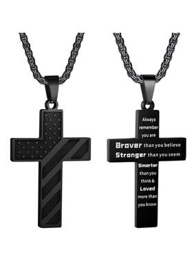 Black American Flag Cross Necklace Men Stainless Steel Box Chain 22+2 inch NEW